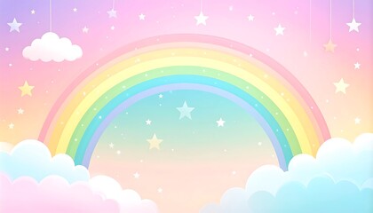 Pastel rainbow arching over fluffy clouds and stars on a dreamy sky