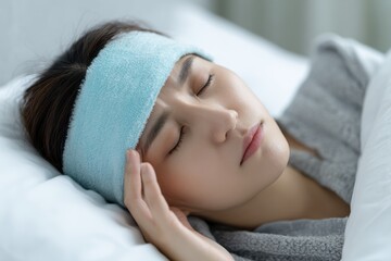 x-default Woman with Headache Sleeping in Bed with Cold Compress
