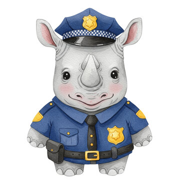 Cute Rhinosaur in Police Uniform with Cap and Badge Illustration