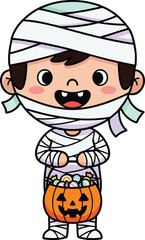 Funny Child in Mummy Costume Holding Pumpkin Candy Bucket