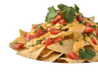 Delicious pile of loaded nachos with cheese tomatoes and cilantro