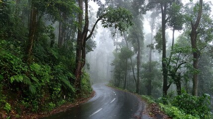 Fototapeta premium Misty Mountain Road in Lush Green Forest