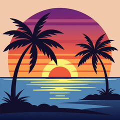 Fototapeta premium Tropical sunset with palm trees over the ocean isolated on white background