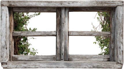 Rustic Wooden Window Frame with Overgrown Vines