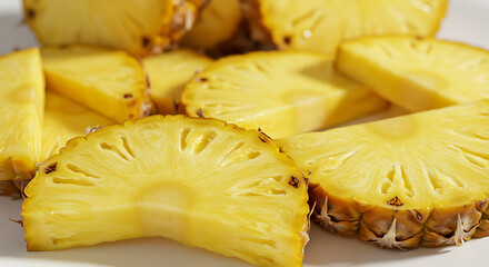A vibrant close-up of freshly cut pineapple slices and wedges, showcasing the juicy texture of this sweet fruit
