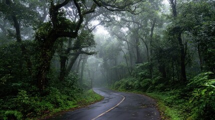 Misty Forest Road: A Serene Drive Through Lush Greenery