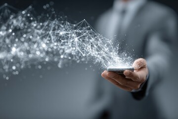 Hand holding a phone with network graphic overlay