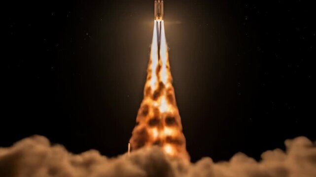 Powerful rocket launch with flames and smoke against a dark sky background.