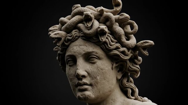 Medusa sculpture with snakes for hair, a symbol of ancient Greek mythology.