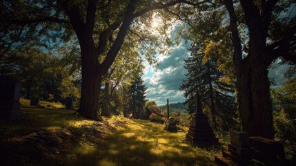 Sunlit Cemetery Tranquility: A Serene Hillside Burial Ground