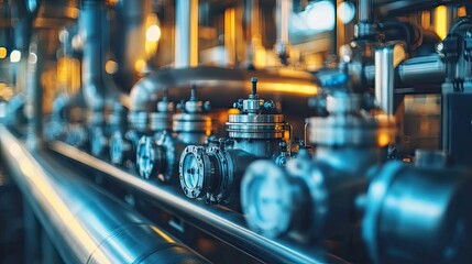 Fototapeta premium Intricate industrial machinery with complex piping systems and illuminated gauges, showcasing advanced engineering and manufacturing processes in a modern facility.