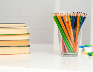 Fototapeta premium a white table with books, pens, and other accessories. Side view.
