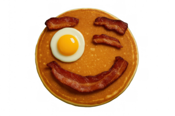 Delicious winking pancake face created with fried egg and bacon strips on transparent background