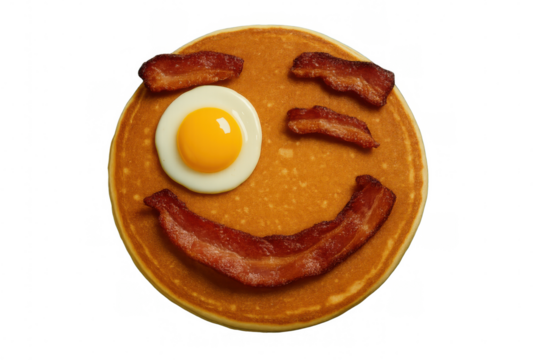 Delicious winking pancake face created with fried egg and bacon strips on transparent background