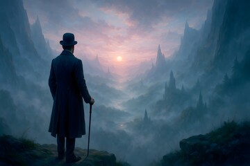 Man with Cane Observing Mystical Mountain Landscape at Sunrise