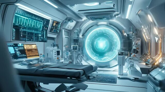 Interior of a futuristic science fiction medical bay featuring a teleportation portal or stasis chamber and advanced patient monitoring equipment.