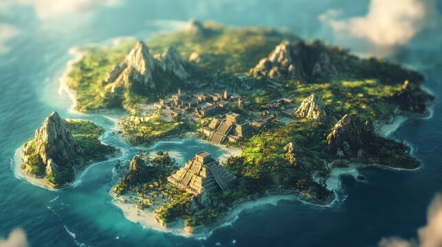Lush island with ancient city and pyramids.  Aerial view of a tropical island, featuring high mountains, lush vegetation, and a large ancient city with pyramids.  