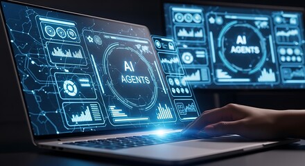 Fototapeta premium AI Agents and Data Analysis on Laptop and Monitor Screens with User Interface and Data Visualization Showing Future Technology and Automation Solutions