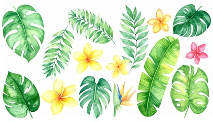 Generated image Hand-drawn watercolor tropical flower set. Exotic palm leaves, jungle tree, Brazilian tropical botany elements, and flowers. Perfect for fabric design.
