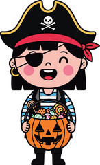 Pirate Kid Trick or Treating with Pumpkin Bucket Halloween Art vector