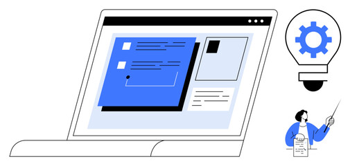 Laptop displaying project interface with tasks, light bulb symbolizing creativity, person presenting actionable insights. Ideal for productivity, planning, innovation, technology, remote work