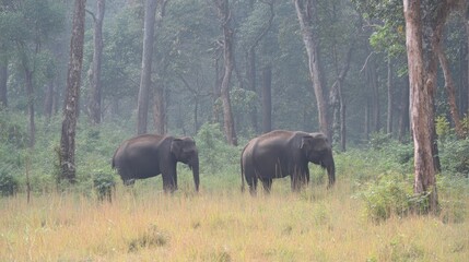 Misty Morning Elephants in the Forest