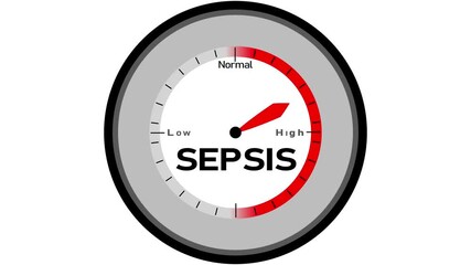 Sepsis text with a barometer or tachometer-style gauge, showing varying levels of severity in infection, systemic inflammation,