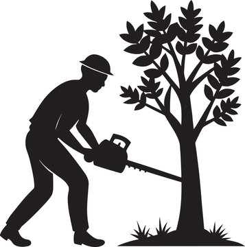 Professional arborist cutting down a tree with a chainsaw tool