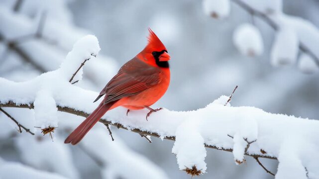 Vibrant red cardinal perched on a snow-covered branch in winter.