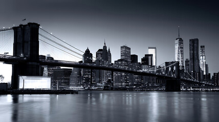 Fototapeta premium Brooklyn Bridge and Manhattan Skyline at Night Black and White