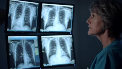 A dedicated female radiologist in a dark examination room carefully analyzes multiple chest x-ray scans on a digital display for a precise medical diagnosis. - Powered by Adobe