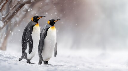 Fototapeta premium Two King penguins stand in snow during snowfall with blurred background and tree branches