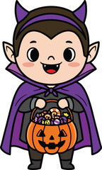 Cute Vampire Kid with Candy Bucket Halloween Cartoon