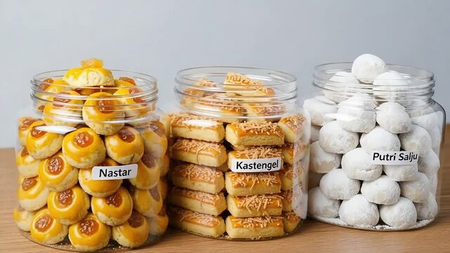Three Jars of Assorted Festive Cookies: Golden Nastar Pineapple Tarts, Savory Kastengel Cheese Sticks, and Sweet Putri Salju Snow White Cookies