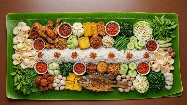 Traditional Indonesian Nasi Liwet Style Communal Feast on Banana Leaf with Assorted Dishes, Rice, Fried Chicken, Fish, Vegetables, and Sambal