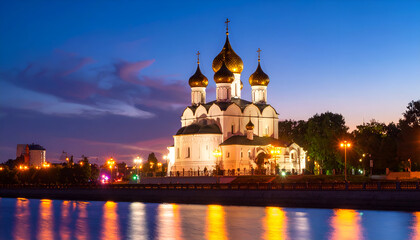 Illuminated Cathedral with Night River.