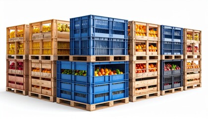 Colorful Fruit Crates Stacked on Pallets in a Warehouse Setting Against White Background