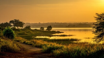 Fototapeta premium Golden Hour Serenity: Lakeside Sunset Landscape