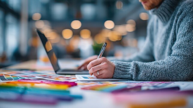 Creative Designer Working with Color Palette and Laptop, Choosing Colors for Project, Graphic Design Process, Art Director at Work, Interior Designer, Color Swatches, Creative Workspace, Modern Office