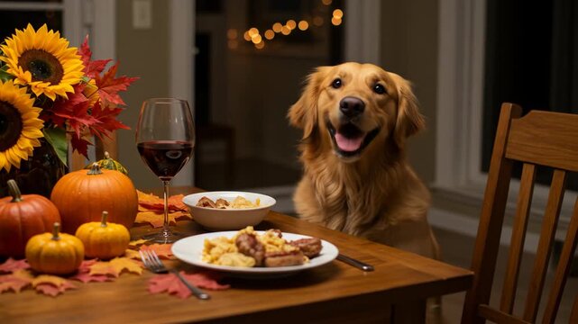Golden Retriever at Thanksgiving dinner table, looking happy and anticipating food.
