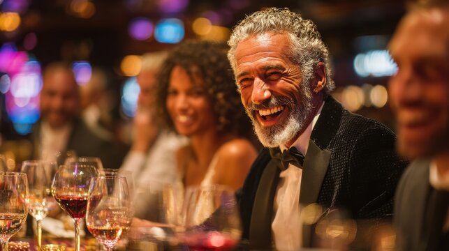 Group of elegant people laughing at a roulette table