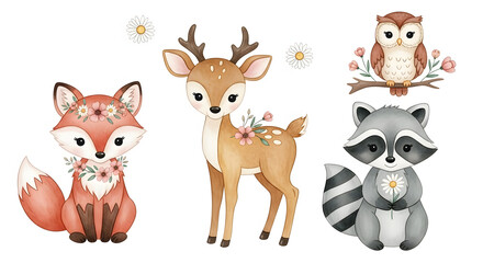 Obraz premium Watercolor set of forest cartoon isolated cute baby fox, deer, raccoon and owl animal with flowers. Nursery woodland illustration. Bohemian boho drawing for nursery poster, pattern