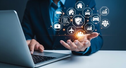 Man Displays Digital Icons For Insurance, Finance, And Business Growth On Laptop Screen
