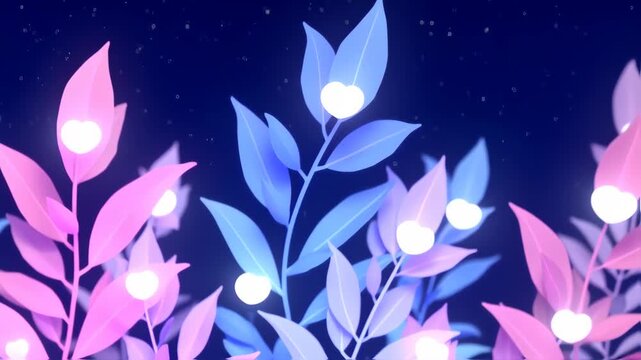 Neon leaves with glowing hearts on dark background