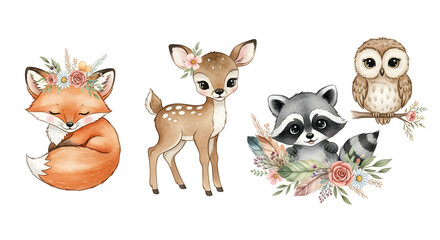 Obraz premium Watercolor set of forest cartoon isolated cute baby fox, deer, raccoon and owl animal with flowers. Nursery woodland illustration. Bohemian boho drawing for nursery poster, pattern