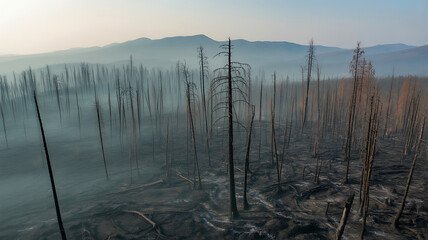 Desolate burned forest with smoke and distant mountains