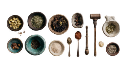 A variety of herbs and spices arranged in bowls with tools on a white background.
