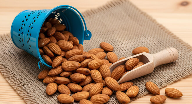 A small blue bucket tipped over, spilling a generous amount of almonds onto a textured burlap cloth, with a wooden scoop filled with more almonds. - Powered by Adobe
