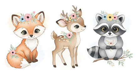 Naklejka premium Watercolor set of forest cartoon isolated cute baby fox, deer, raccoon and owl animal with flowers. Nursery woodland illustration. Bohemian boho drawing for nursery poster, pattern