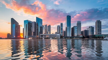 Fototapeta premium Stunning Cityscape Sunset Reflection Skyscrapers Waterfront,